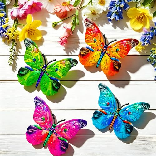 NOIRBLANC Metal Butterfly Wall Art Decor – 3D Garden Ornaments Outdoor | 4 Pack Colorful Butterfly Decorations for Fence, Patio, Yard, Wall Hanging for Indoor & Outdoor