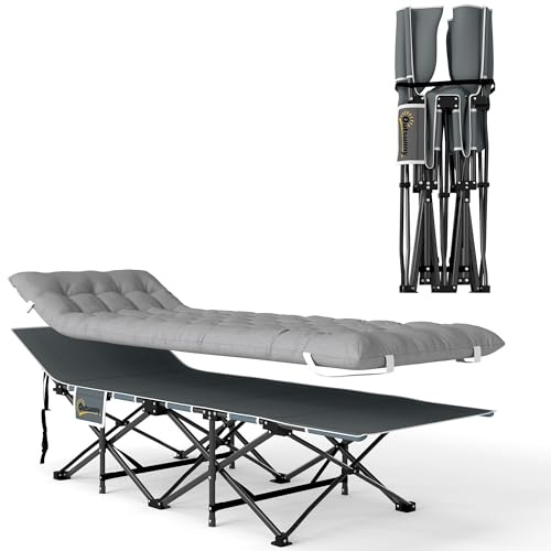 Outsunny Vikbar campingsäng med madrass, hopfällbar lägersäng, sidoficka och integrerad väska, solstol i metall och oxfordtyg, 185 x 68 x 37 cm, lastkapacitet 150 kg, ljusgrå