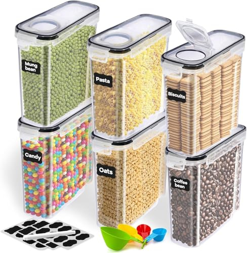 2,5L Contenitore per cereali (Set di 6) - Plastica senza BPA - Contenitori ermetici per la cucina - Conservazione degli alimenti secchi – Contenitori cucina per l'organizzazione della dispensa