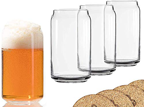 Ecodesign Drinkware Libbey Beer Glass Can Shaped 16 oz - Pint Beer Glasses 4 PACK w/coasters