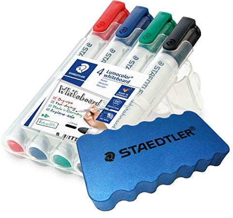 STAEDTLER Lumocolor 351 WP4 Whiteboard-Marker, Rundspitze ca. 2 mm Linienbreite, Set mit 4 Farben, hohe Qualität + original Löscher