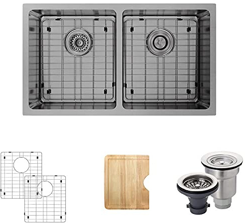 R1-1041D-18 Double Bowl Stainless Steel 3/4 Radius Stainless Steel Kitchen Sink in 18-Gauge with Cutting Board, Two Grids, and Two Strainers