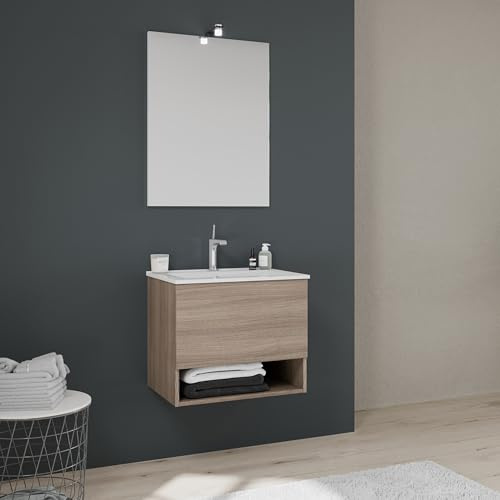 Kiamami Valentina Mobile Bagno Sospeso 60 Cm Quercia Naturale Venezia | Con cassetto soft close, vano a giorno, lavabo ceramica, specchio 60x80 cm, legno FSC, profondità 46,5 cm