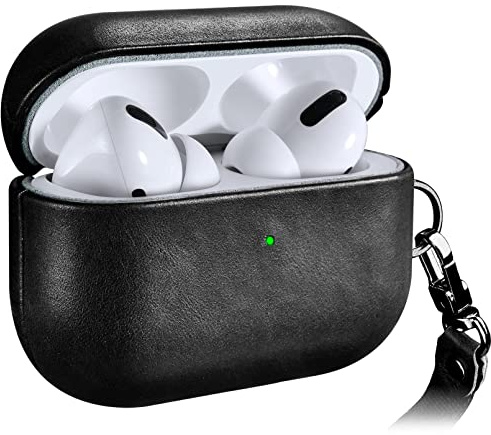 ICARERSPACE Coque AirPods Pro, Étui en Cuir véritable de qualité supérieure résistant aux Chocs pour écouteurs Apple AirPods Pro (LED Visible) Support Chargeur sans Fil Noir