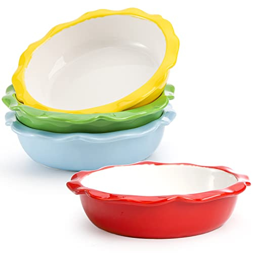 Lawei 4 Pack Ceramic Pie Pans, 6.5 inch Mini Pie Dish, 12 Oz Individual Pie Plate for Dessert Kitchen, Round Baking Dish Pan with Ruffled Edge for Dinner, Dishwasher & Microwave & Oven Safe