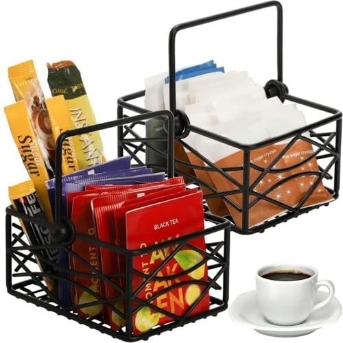 Yarlung 2 Pack Sugar Packet Basket Metal Wire Tea Bag Holder with Removable Stylish Handle, 4.7x3.5x2.5 Inches Coffee Bar Packet Coffee Pod Holder for Coffee Table, Office, Elegant Black