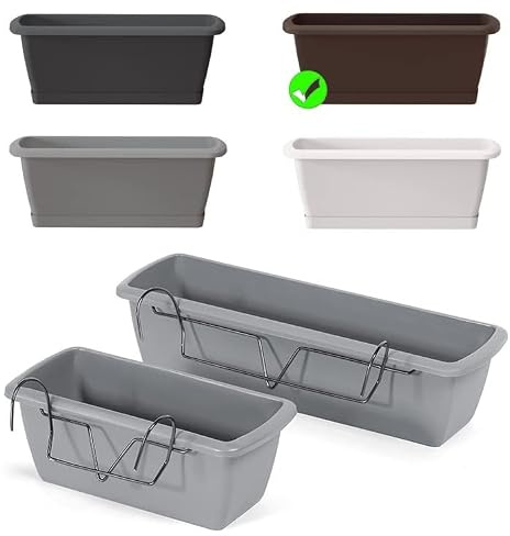 BirnePower Jardinière de Balcon Respana Set avec Soucoupe et Support Métallique, Balconnière pour Rambarde, Résistant au Gel et aux UV, 40 cm, Marron