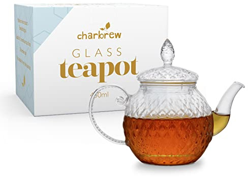 Charbrew 450ml Diamond Glass Teapot with Infuser - Borosilicate Glass | Loose Leaf Tea, Teabags & Blooming Tea, Serves 1.5 Cups