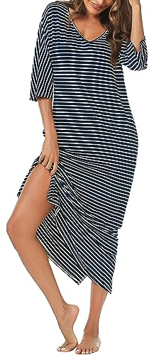 Uniexcosm Long Nightdress for Women Nightgowns 3/4 Sleeve Cotton Nighties Baggy Ladies Nightshirts with Pockets Plus Size Sleep Dress Nightwear Loungewear Sleepwear S-XXL