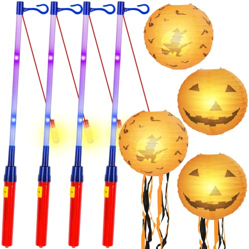 Herefun Laternenstab 4er Set, Elektronischer Laternen Stab mit LED Kinder 50cm Lang mit 4 Pack Papierlaterne für St Martin Kinderpartys, Kostümpartys, Halloween, Weihnachten