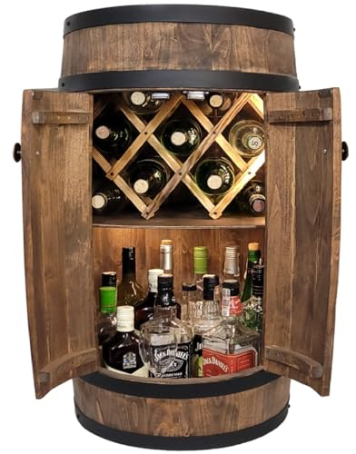 weeco - Fassbar LED mit Tür und Weinhalter - Weinregal. Fass Hausbar Weinrack 80x50cm. Rustikaler deko Barschrank Weinständer. Fassbier, Whiskybar. Flaschenständer Bar Kabinett (Dunkel Wenge)