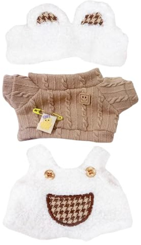 niannyyhouse Plüschpuppenkleidung, Kopfbedeckung, brauner Pullover, Latzhose, warmes Outfit, Puppenzubehör, 10 cm ~ 15 cm, 20 cm