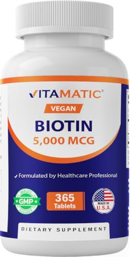 Vitamatic Biotin 5000mcg (5 mg) for Stronger Hair, Skin & Nails - 365 Vegan Tablets- Also Called Vitamin B7