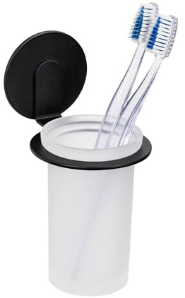 WENKO Turbo-Loc® Zahnputzbecher Bivio Black matt, Wandhalter aus Aluminium, Becher aus satiniertem Glas, Befestigen ohne Bohren, Schwarz