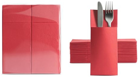 Aroba 50 Soft Point Besteckservietten weiches Material, Volumen & Struktur | fertig gefaltete Servietten mit Schlitz | 32x38 cm 1/8 Falz Bestecktasche |gute Qualität Rot