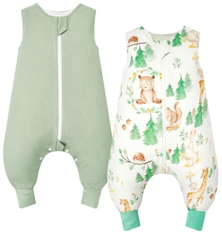 WYTbaby 2 Pack Saco de Dormir con Pies 1.0 TOG 100% Algodón Saco Dormir Bebe para Niños y Niñas, Bosque Animales + Verde Oscuro