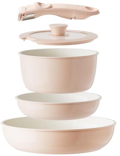 Redchef Lot de casseroles en céramique avec poignée amovible, pour camping, camping-car, casserole non toxique, sans PTFE, sans PFOA, peu encombrante, passe au lave-vaisselle, rose