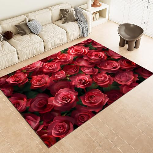 Kurzflor Wohnzimmerteppich - Pflanze Blume Rose Blume rutschfest und Weich Teppich, 180x240cm, Rot Dekorative Teppiche für Schlafzimmer, Esszimmer