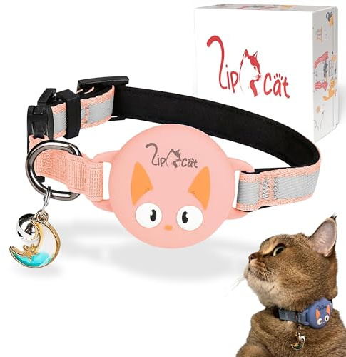 LipCat AirTag Halterung Katzenhalsband für Freigänger - reflektierend, gepolstert & sicher mit Breakaway-Verschluss und Glocke - wasserdichter Katzen Tracker - kompatibel mit Apple AirTag, Rosa