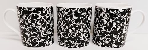 Rainbow Decors Venetian Black Mugs Set of 6 Bone China Large Balmoral 14fl oz 400 ml Swirl & Leaves Cups Hand Decorated in UK