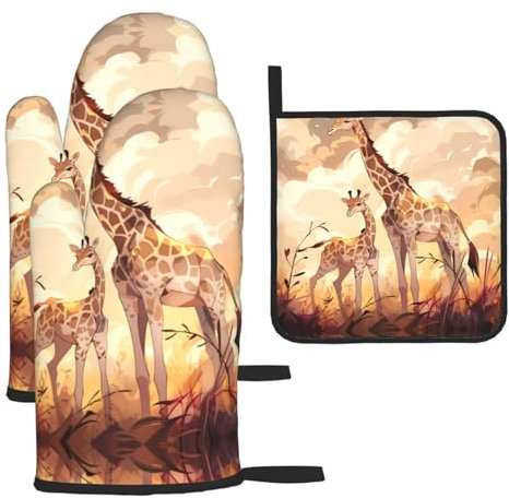 YYHHAOFA Lot de 3 gants de cuisine et maniques imperméables et durables pour éviter les brûlures et l'isolation thermique Motif girafe mère et enfant