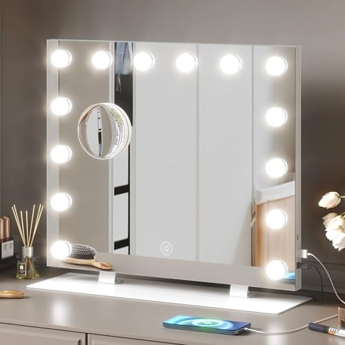 Mondeer Hollywood - Espejo de tocador con Luces, 60 x 50 cm, Espejo de Maquillaje Grande con 14 Bombillas LED Regulables, 3 Modos de Color, Tipo C y Puerto de Salida USB, Montaje en Mesa y Pared,