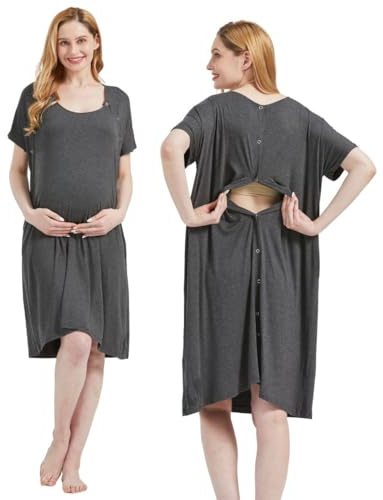 Mama & Wish Arbeits- und Lieferkleid, 3-in-1, Arbeits-, Liefer- und Stillmantel für Krankenhaus, hergestellt aus ultraweichem Stoff für ultimativen Komfort. Grau (Medium), GRAU, Medium
