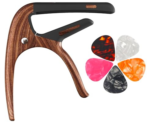 Kapodaster für Akustikgitarre, Gitarrenkapodaster für E-Gitarre, Ukulele und Saiteninstrumente, Gitarrenkapodaster mit 5 Plektren, Gitarrenkapo, Gitarrenklemme (Rosenholz)