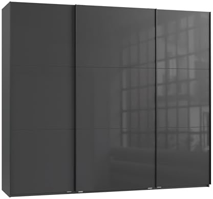 Schwebetürenschrank 3-türig B250/H216/T65 cm in Anthrazit m. Glasfront, schwarzen Griffleisten, inkl. Selbsteinzug, Kleiderschrank m. Einlegeböden, Kleiderstangen, Schubladen, Wäscheeinteilung / 22032