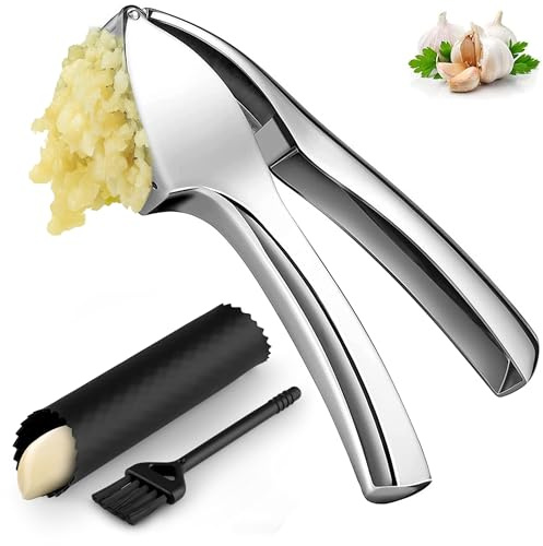 Premium Garlic Press - Super Easy to Use & Clean with Garlic Peeler Tube, Heavy Duty Garlic Crusher & Mincer - Crush Garlic & Ginger Effortlessly, Strong & Durable