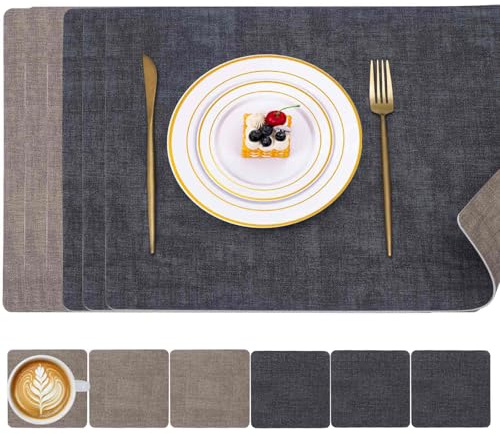 Tischsets mit Untersetzern, hitzebeständig, 100 % wasserdicht, öldicht, abwischbar, Kunstleder, doppelseitig, Schreibtischunterlagen für Esszimmer, Küche, Restaurant, 43 x 30 cm, Grau + Beige, 6 Stück