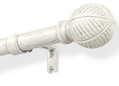 DEFYNEE Gardinenstange in Holzoptik, 76–198 cm, 25 mm Durchmesser, Weiß | Gardinenstange aus Holz, 15 kg Traglast, Boho-Gardinenstange, robuste Gardinenstange, Wand-/Deckenmontage