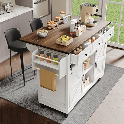 Easexcy 140 x 45 (73) x 94 cm, isola da cucina, carrello da portata con piano di lavoro estraibile, carrello da cucina su ruote, armadio da cucina con 2 ante scorrevoli e 3 cassetti