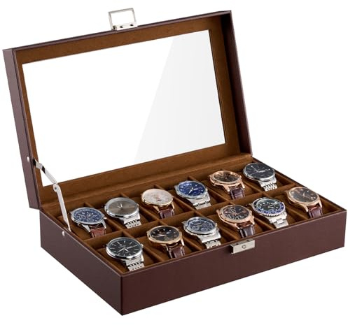 ProCase Boîte Montre à 12 Emplacements, Range Montre Doté d'Une Serrure à Clé Sécurisée, Organiseur Montre en PU Cuir, contre la Poussière et les Rayures -Marron