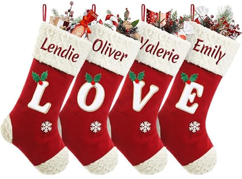 Weihnachtsstrumpf Personalisiert Nikolausstrumpf mit Buchstaben&Namen 46cm | wiederverwendbar Weihnachtsdeko zum Aufhängen & Befüllen für Kamin, Tür & Baum, Samt Plüsch , Geschenk für Familie Kinder