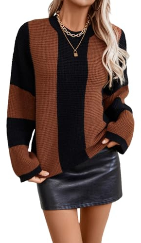 Dam rundhals färgblock rand våffelstickad pullover tröja, droppe axel flare manschett höst tröja, Kaffebrunt, M