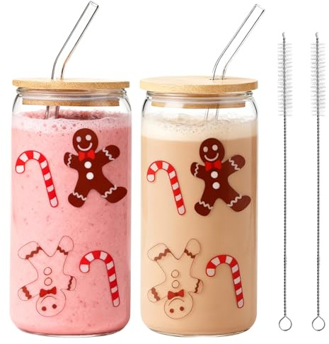 500ml Weihnachtsgläser, 2 Stück Weihnachten Lebkuchenmann Trinkgläser, Weihnachtstassen Set, Bier Dose Glas Stroh, Weihnachtskaffee für Matcha Eiskaffee Smoothie Bier,Schöne Weihnachtsgeschenke