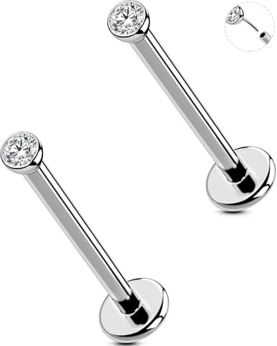 MS CUTE Nose Lobe Helix Stud – 16G 12mm Threadless Flat Back Earring with 2mm CZ, Stainless Steel Hypoallergenic Post – Balanced Sparkle with Extra Clearance for Comfortable Fit