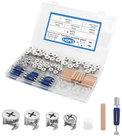 FuncHardwa 140 PCS 3-in-1 Furniture Connector, Zinc Alloy Bolts and Nuts Set with Pre-Inserted Plastic Nut and Wood Dowel, Cam Lock Nut for Cabinet Wardrobe