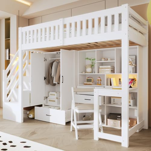 Kebnor Cama alta, 90 x 200 cm, escalera, armario, escritorio, cajones, estantes de almacenamiento, sin colchón, color blanco
