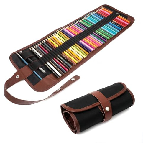 JXAurix Canvas Pencil Wrap Case,72 Holes Folding Portable Pencil Storage Bag Roll-Up Pencil Case Painting Storage Bag Multi-Purpose Canvas Pencil Roll for Artist, School, Office