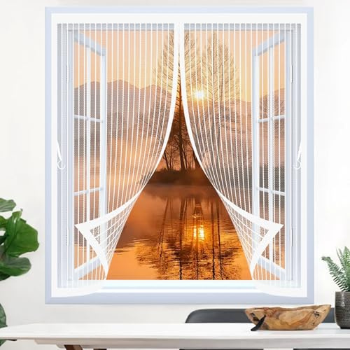 Tenda Zanzariera 100 x 146 cm Chiusura Automatica, Anti-Graffio per Gatti, Magneti Più Forti, Mantiene L'Aria Fresca Zanzariera Finestra Tenda per Tutti I Tipi di Finestre, Bianco
