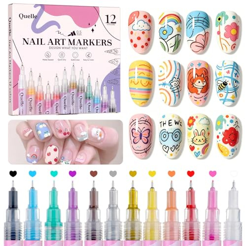 QUELLE Set di 12 Pennarelli per Unghie Nail Art 12 Colori, Nail Art Pen Punta Fine 0,5 mm, Nail Art Marker ad Asciugatura Rapida, per Disegnare e Decorare Unghie DIY Gel e Naturali
