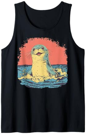 Happy Seal Surfing Waves Vintage Ocean Life Graphic Tank Top