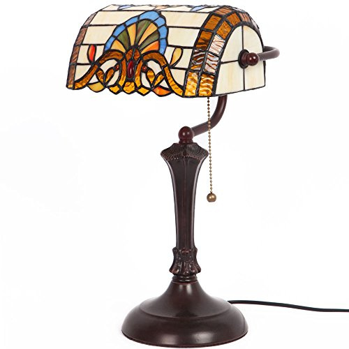 Bieye L10516 Baroque Tiffany Style Stained Glass Banker Table Lamp with 10-inch Wide Lampshade for Working Reading, Table Lamp, 17 inch Tall