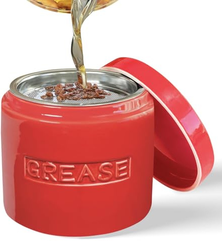 Bacon Grease Saver with Strainer - Ceramic Grease Container 1L Storage Canister | Holds Bacon Fat Drippings | Oil Keeper for Kitchen Counter Storage