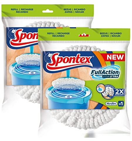 SPONTEX - Lot de 2 Recharges Full Action System X'tra - Recharge à franges microfibre pour kit balai Full Action System X'tra - Lavable et réutilisable - 2 recharges