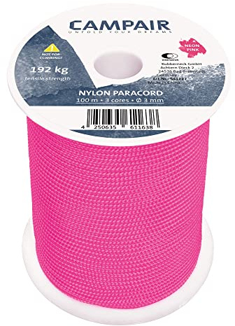 CampAir 100m Paracord Seil aus reißfestem Nylon 425 Type II 3mm Max. 192 kg, Neon Pink | 192 kg Bruchlast, reißfestes Nylon, 100 m auf Spule, 16-Faden-Mantel, 3 Kernfäden, UV-beständig, Outdoor & Camping, 560 g