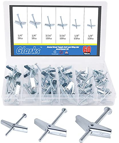 Glarks 60 Stück 1/8 Zoll, 3/16 Zoll, 1/4 Zoll, verzinkter Stahl, Rundkopf-Kippschraube und Flügelmutter-Sortiment zum Aufhängen schwerer Gegenstände an Trockenbauwänden
