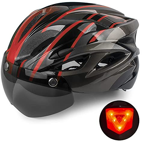 Shinmax Fahrradhelm Herren Damen,Fahrradhelm mit Visier Abnehmbarer Schutzbrille MTB Helm mit LED Rücklicht Sicherheitsschutz für Erwachsene Radhelm Einstellbarer 56-62CM